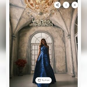 Nwt Size 12  Xscape One-Shoulder Blue Metallic Gown Jaquard